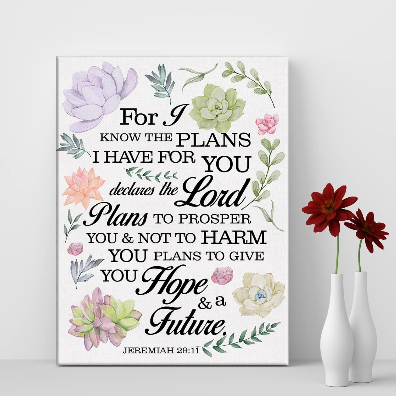 Floral Nursery Bible Verse Print Canvas Wall Art Home Decor Jeremiah 29:11 Scripture Painting 12X15 Canvas Poster Framed Ready T